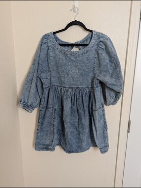 Free People Get Obsessed Cotton Denim Puff Sleeve Babydoll Flounce Mini Dress S